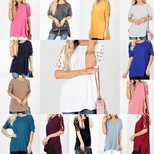 7 PACK Criss Cross Lattice Shoulder Half Sleeve Side Split Hi-Low Oversized Top